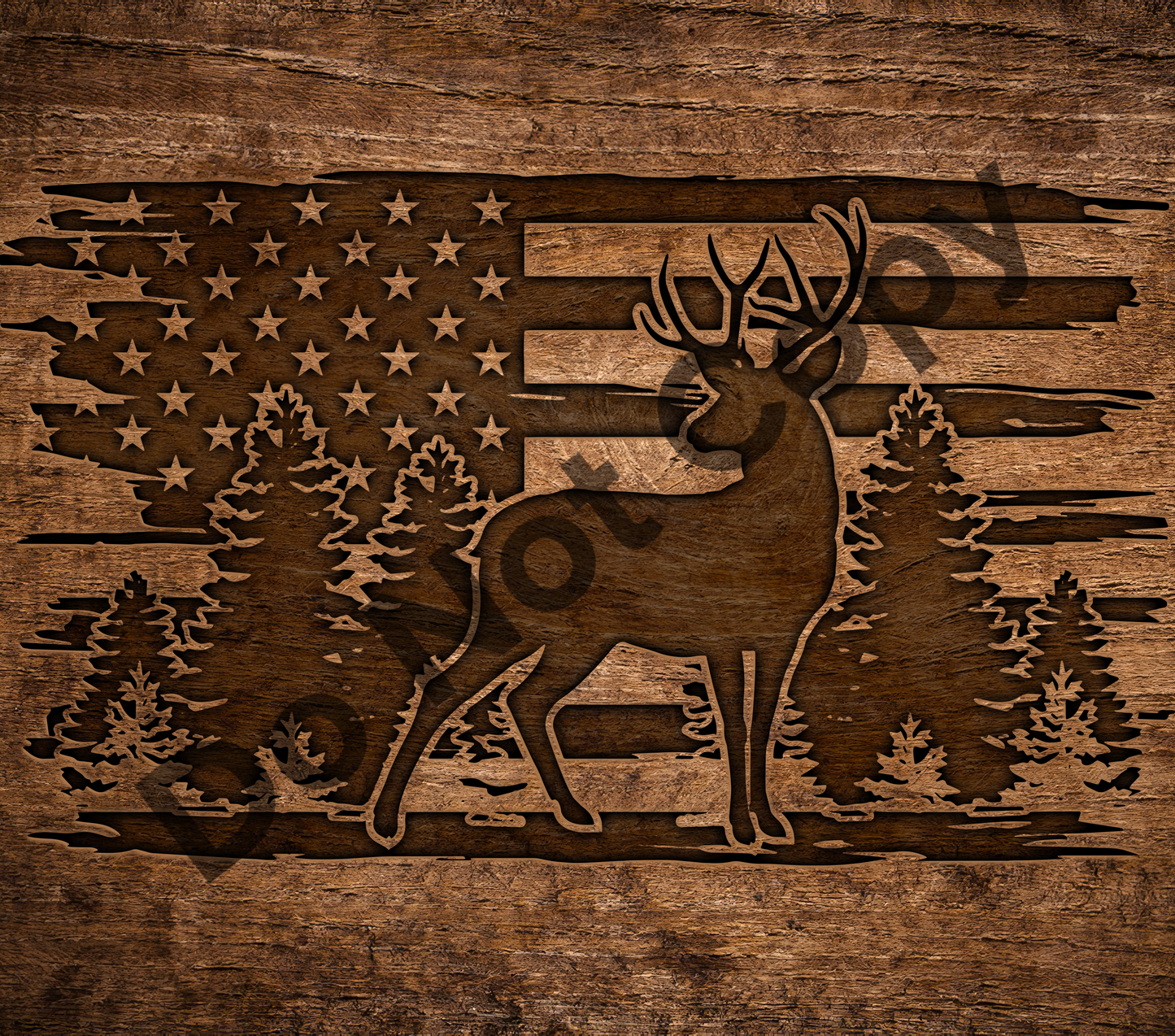 Engraved wood deer trees flag tumbler transfer