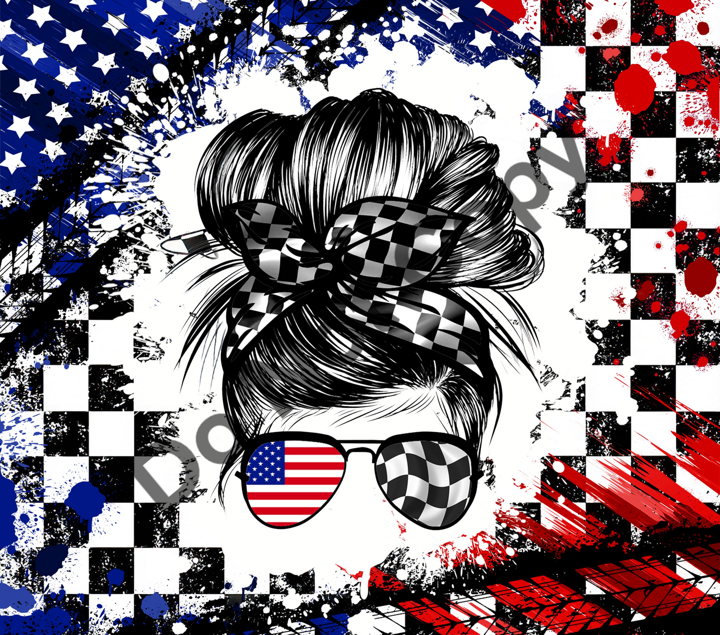 Race flag messy bun tumbler transfer