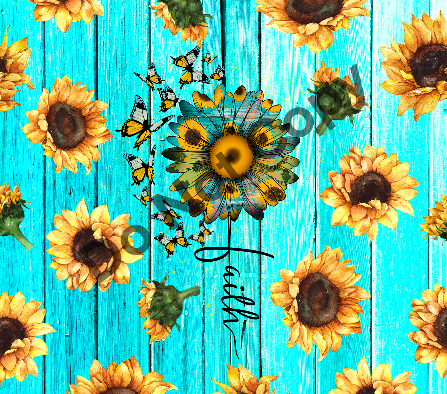 Faith sunflowers blue wood tumbler transfer