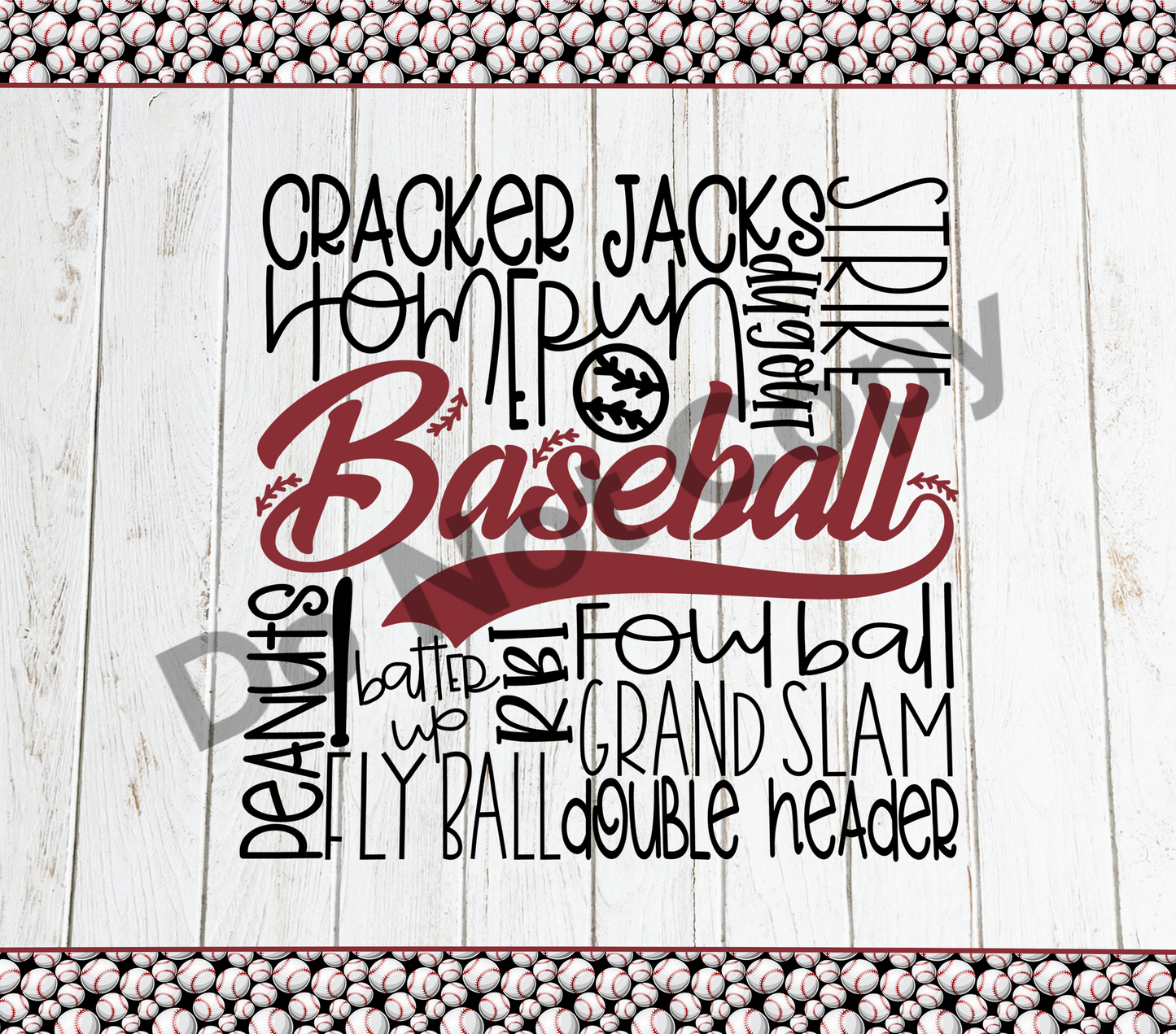 Baseball words collage tumbler transfer