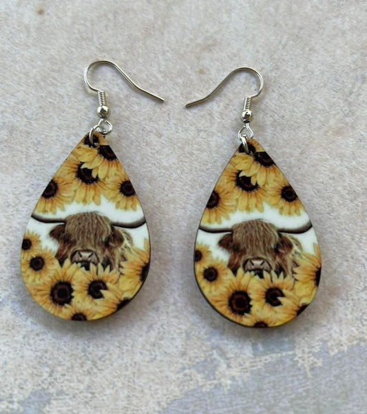 Sunflowers cow teardrop earrings