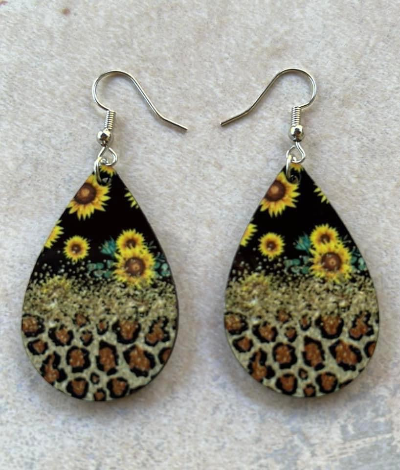 Sunflowers cheetah teardrop earrings