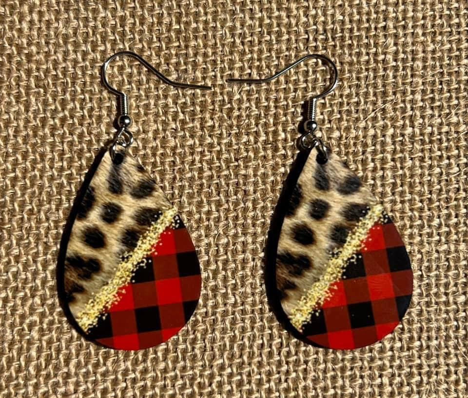 Cheetah print gold glitter plaid teardrop earrings