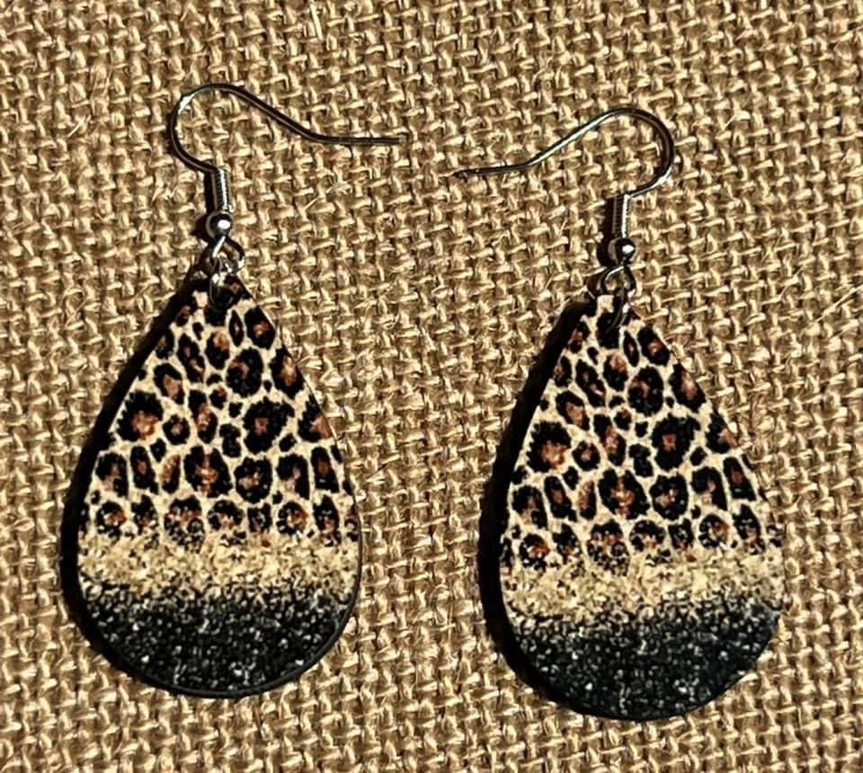 Cheetah gold glitter black teardrop earrings