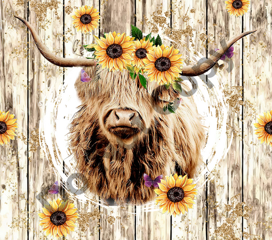 Sunflowers wood highland cow tumbler transfer