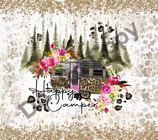 Happy camper floral leopard glitter tumbler transfer