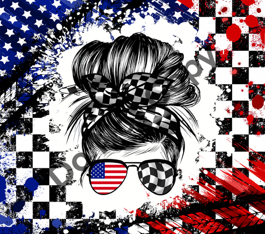 Race flag messy bun tumbler transfer