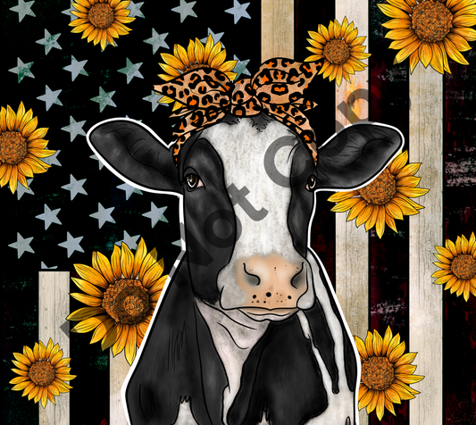 Sunflowers cow flag with leopard bow tumbler transfer