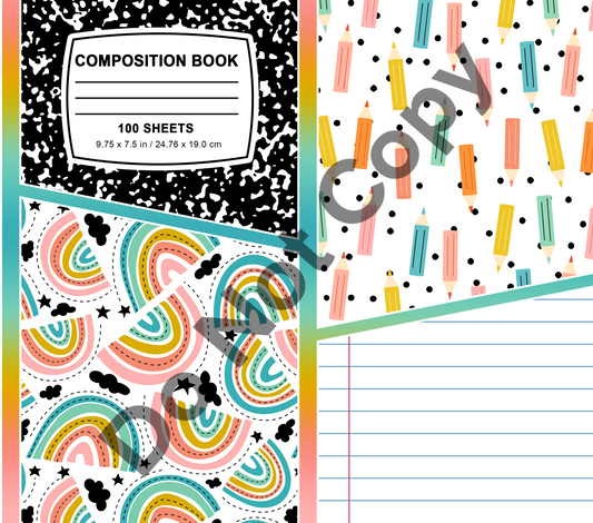 Teacher comp book pencils paper collage tumbler transfer