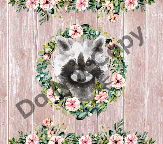 Floral wood raccoon tumbler transfer