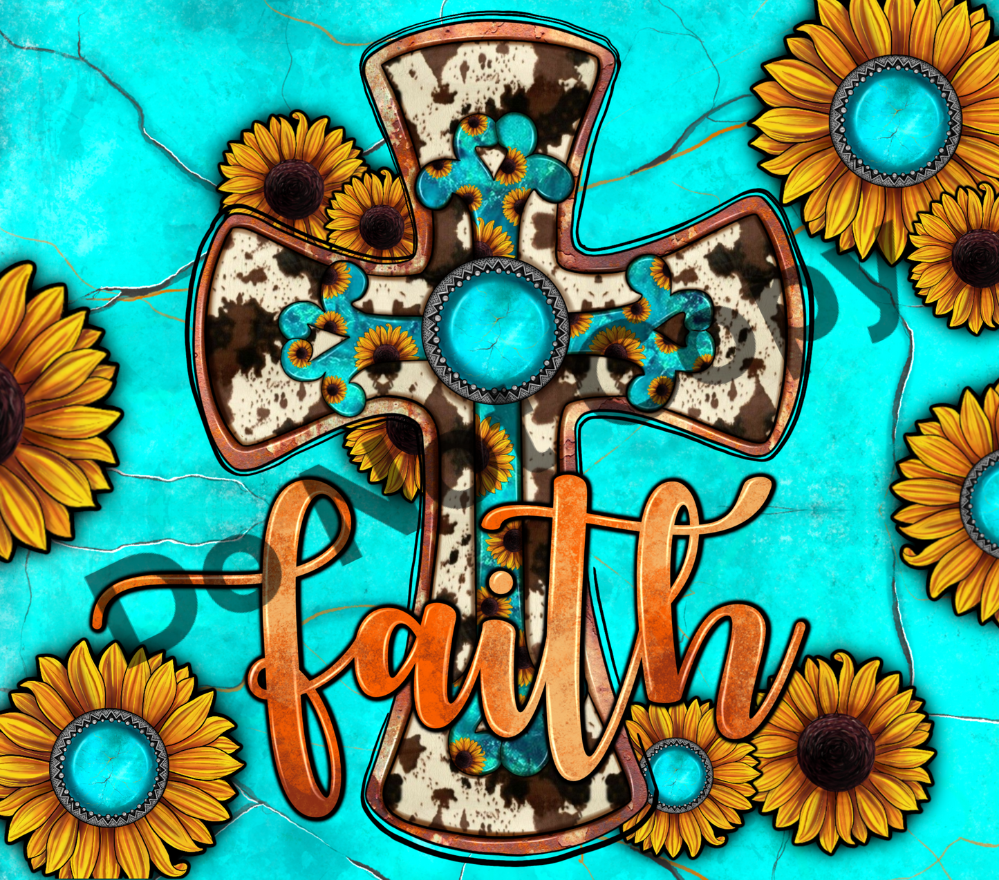 Faith sunflowers turquoise cowhide tumbler transfer