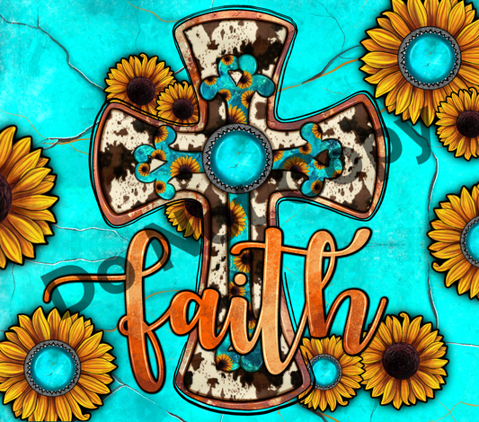 Faith sunflowers turquoise cowhide tumbler transfer
