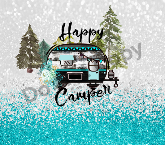 Happy camper blue glitter tumbler transfer