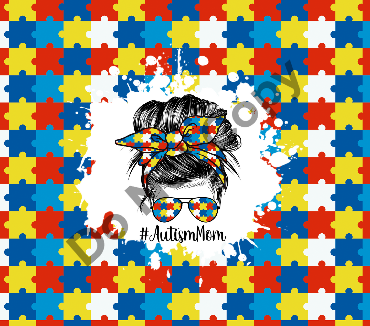 #AutismMom messy bun puzzle pieces tumbler transfer