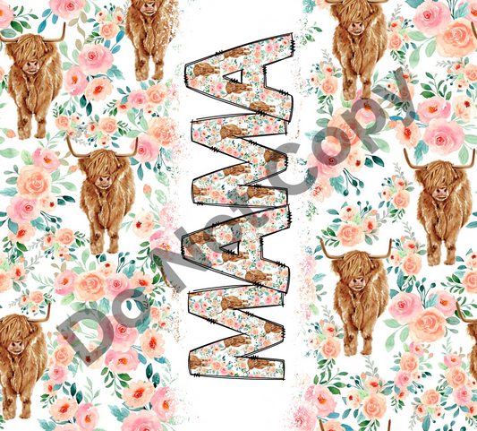 Mama highland cow floral tumbler transfer