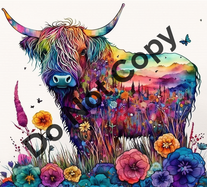 Colorful floral cow tumbler transfer