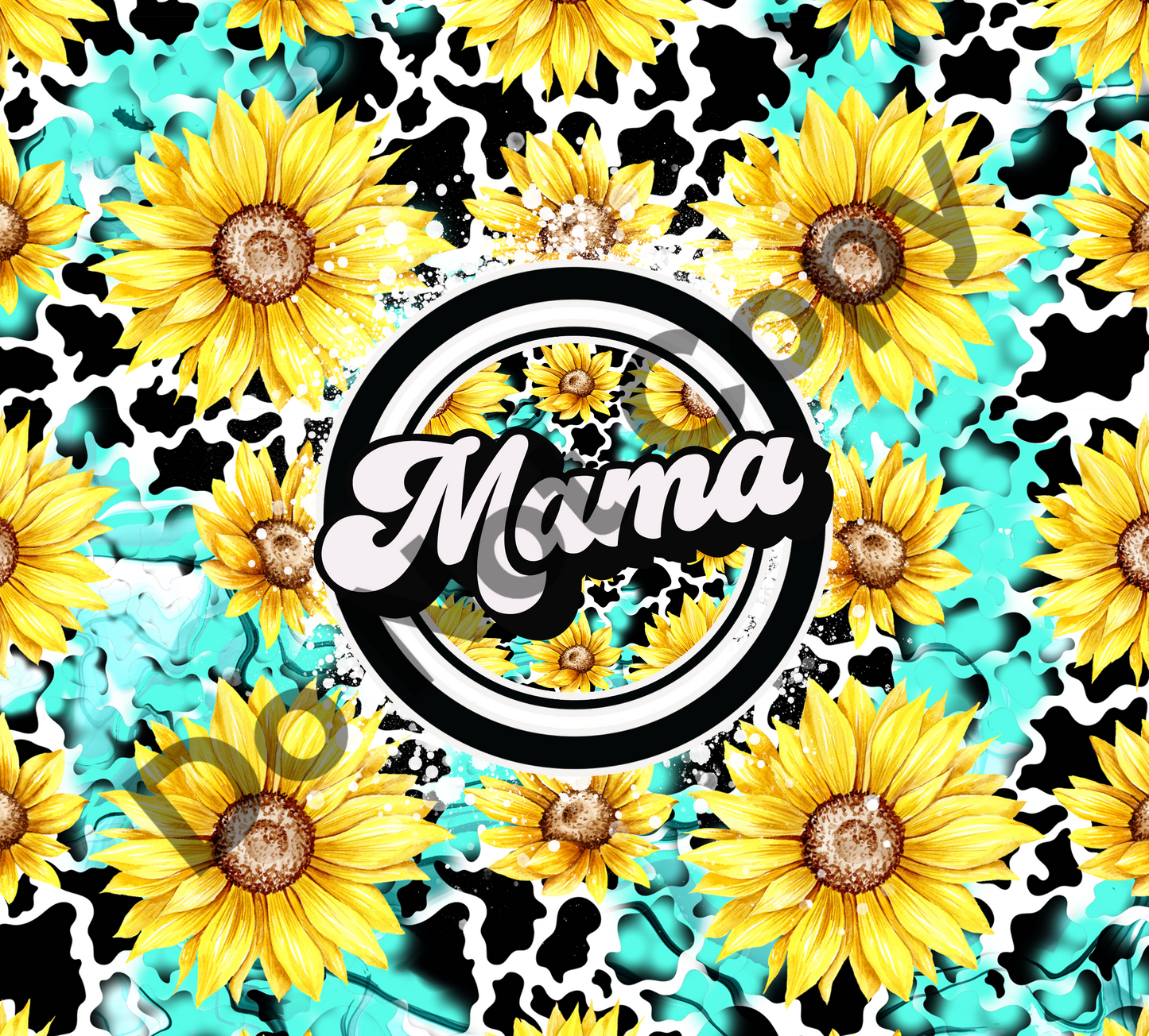 Mama sunflowers teal cow print round tumbler transfer