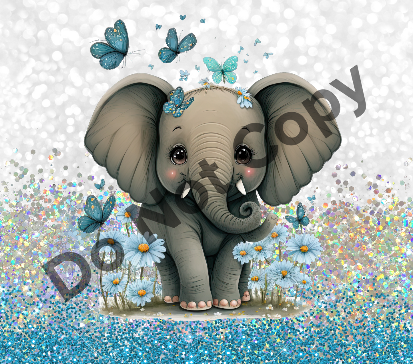 Elephant blue floral glitter tumbler transfer