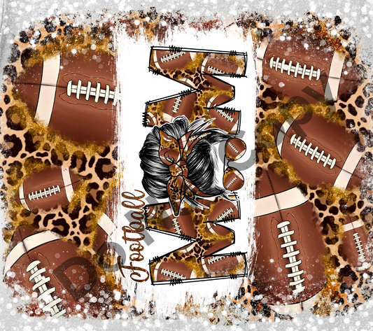 Football mom messy bun footballs and leopard tumbler transfer