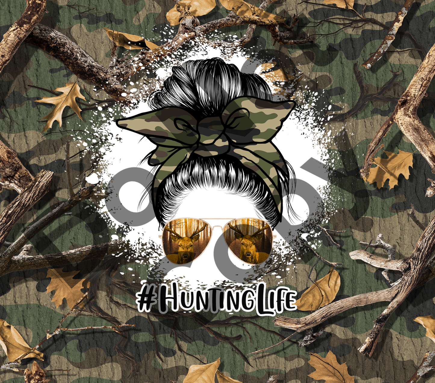 #HuntingLife camo messy bun tumbler transfer