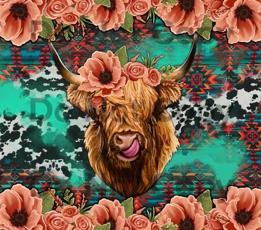 Floral highland cow tumbler transfer