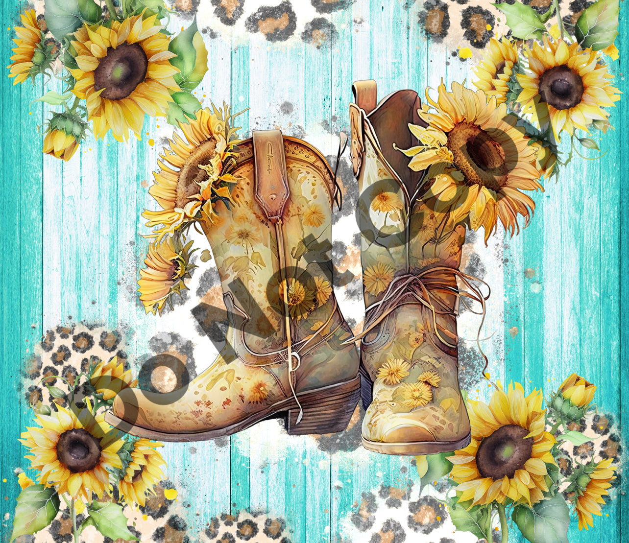 Sunflowers blue wood boots tumbler transfer